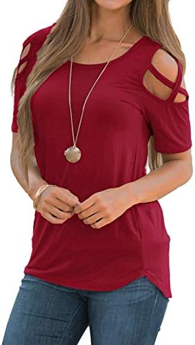 Womens Summer Round Neck Cold Shoulder Tees Slim Tunic Tops Casual Short Sleeve Strappy T-Shirt Blouse