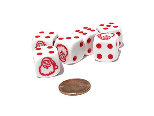 Set of 6 Santa Claus 16mm D6 Round Edge Christmas Dice - White with Red Pips