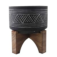 Flora Bunda Modern Concrete Mid Century 7" Black Cement Mountain Texture Pot Planter on Wood Stand Empty Modern Concrete