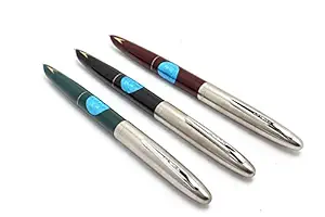 Success Stationery Hero Pen Original Fountain Ink Pen Iridium Nib Model 329 Silver Cap, Black Green Maroon - Pack of 3