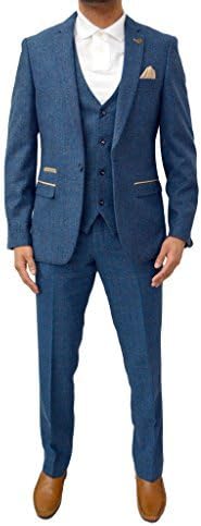 Marc Darcy Mens Designer Checkered Tweed Herringbone 3 Piece Suit Blazer Jacket Tailored Fit Smart Formal Dinner Coat Waistcoat & Trousers Various Styles & Colours