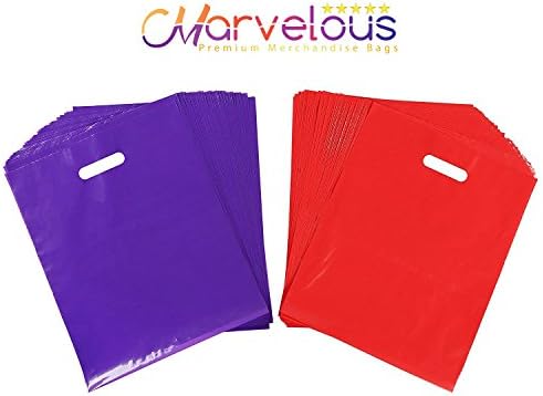 Retail Bags- Pack of 100 Glossy Purple and Rose Red Merchandise bags- 50 red 50 purple- 12x15- Extra Thick- Tear Resistant- Best gift bag for T-shirts, leggings, books and other medium-large objects