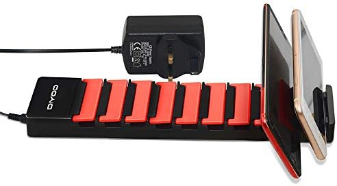 USB Hub Powered, Mini USB Charging Station 10 Port USB 3.0 Data Hub SuperSpeed with 12V/3A UK Plug Adapter and Holder for Windows 10/8/7/XP, Mac OS X, Linux Desktop PC Laptop and More- Black/Red