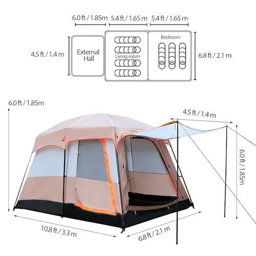 Abaodam Casa de Campaña Familiar para 5-8 Personas, Tienda de Camping Impermeable 210D Reforzada con Vestíbulo y Toldo, Carpa Resistente con Alfombra, Ideal para Playa, Montaña y Jardín