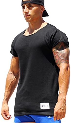 Mens bodybuilding scoop neck Tee (L, BLACK)