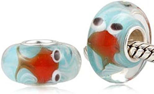 Sinebao Set of 2 Koi Pond Red Goldfish Murano Glass Charm Beads 925 Sterling Silver Core for European Sea Animal Bracelet