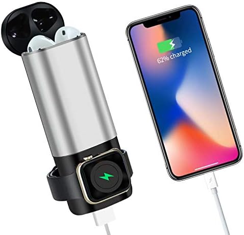 Portable Wireless Charger Replacement Compatible with Airpods 2/1 iWatch 4 3 2 1Ruishion 3 in 1 Travel Power Bank 5300mAh Pocket-Sized USB Charger Compatible with iPhone,iPad Other Smart Device-SIL