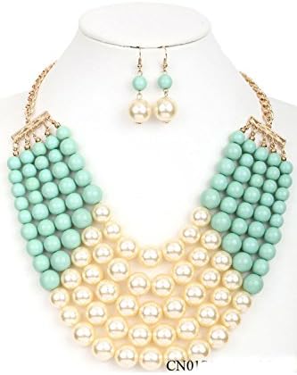 CN0175 WOMEN'S FASHIONABLE MULTI COLOR BLOCK PEARL NECKLACE AND EARRINGS SET (CREAM MINT)