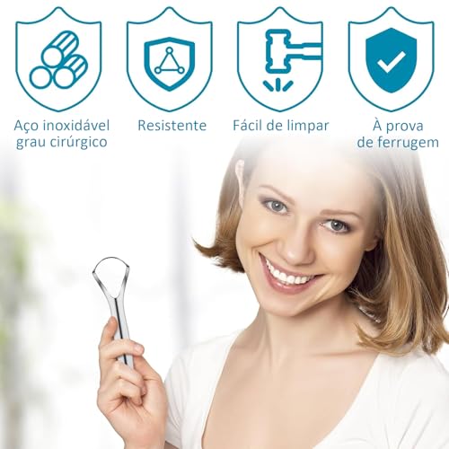 Kit 4 Raspadores de Língua em Aço Inoxidável, Elimina Mau Hálito, Antibacteriano e Higiênico, Fácil de Limpar