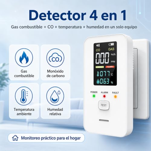 Detector de Gas y Monóxido de Carbono 6 en 1, Alarma Enchufable para Gas LP y Gas Natural, Detector de CO con Temperatura y Humedad, Alarma Sonora de 85 dB y Pantalla LCD, para Cocina, Hogar y Hotel
