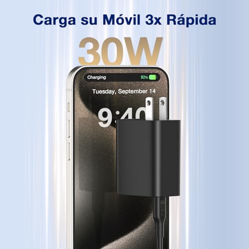 1 Hora PD 30W Cargador Tipo C - Cargador Carga Rápida con 1M 3A Cable USB C a C - Compatible con iP16/16P/16PM/15/15P/15PM, Samsung Galaxy A55/S23/Note10/S20 Ultra/S10/S9/S8, Xiaomi (Negro)
