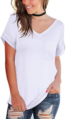 FAVALIVE Women's Short Sleeve Tops Casual V-Neck T-Shirts with Front Pocket