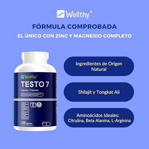 Wellthy Testo 7 Multivitaminico Hombre 220 Cápsulas. L-Arginina, Shilajit, Tongkat Ali, Zinc y Magnesio, Citrulina y Beta Alanina. VCaps Cápsulas Veganas. Bottle Free.