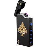 LcFun Electric Lighter Rechargeable USB, Dual Arc Plasma Lighter, Windproof Flameless Electronic Lighters, Pocket Metal Lighters with LED Battery Indication for Candles, Camping (Black Ace)