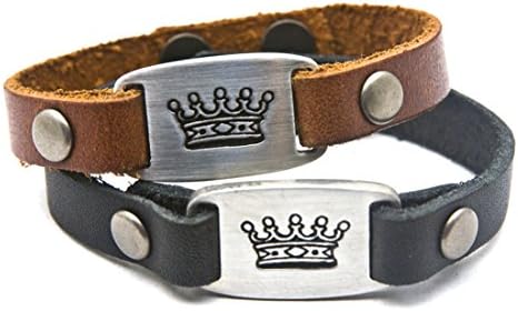 " Crown Men's Leather Bracelet with Metal I.D. Style Charm Black or Brown Men's Length.