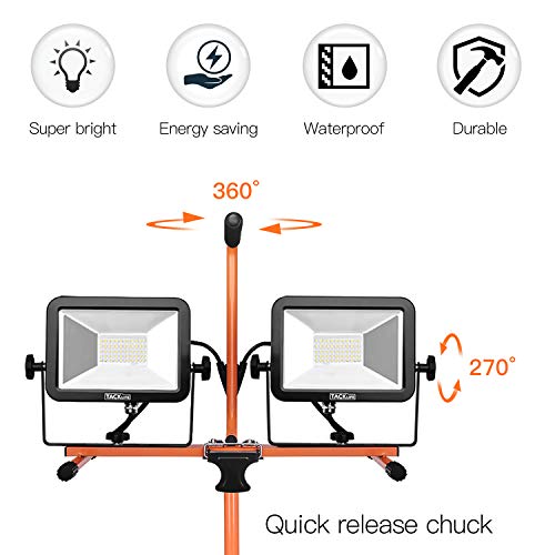 TACKLIFE 5400 Lumen Tripod LED Work Light with Two-Head Total 60W Work Lights, Metal Telescopic Tripod Stand, Rotating Waterproof Lamps and 16.5 Ft AC Power Cord - Thumbnail 2