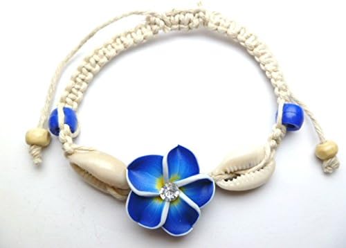 Aloha PassionHand Made Polymer Clay Plumeria Flower w/CZ Cubic Zirconia & Cowry Cowrie Shell on Hemp Adjustable Bracelet/Anklet
