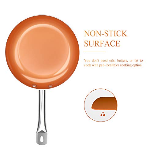 SHINEURI Nonstick Frying Pan Copper Pan with Stainless Steel Handle Round Frying Pan for Broiling Steaming and Braising, Dishwasher Safe PFOA PTFE Free (9.5 inch)