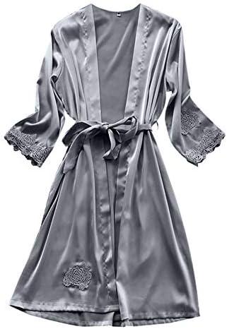 Nevera Womens Sleepwear Silk Dressing Gown Solid Lace Trim Babydoll Nightdress Kimono Sleepwear