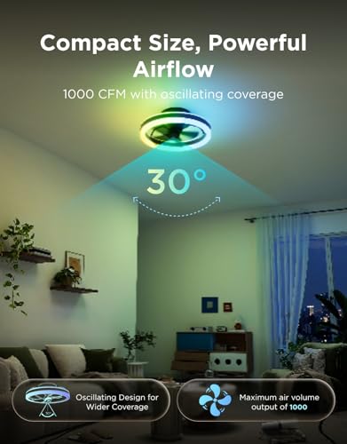 Govee Ceiling Fan with Lights, 20'' RGBIC Oscillating Flush Mount Bladeless Ceiling Fans with Lights and Remote, 12 Speeds Reversible DC Motor, 3100lm, Low Profile Ceiling Fan for Bedroom, Living Room