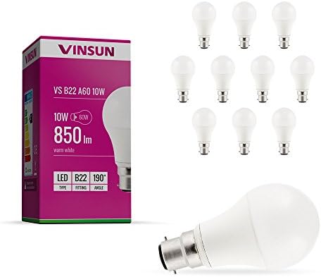 VINSUN® B22 LED bulb 10W - 60W light bulb - warm white - 850lm, B22 bayonet bulb - Pack of 10 [Energy Class A+]