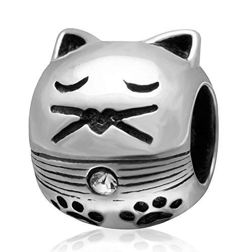 925 Sterling Silver Lucky Cat Charm Animal Charm Pet Charm Pawprint Charm Birthday Charm for Pandora Charm Bracelet (A)