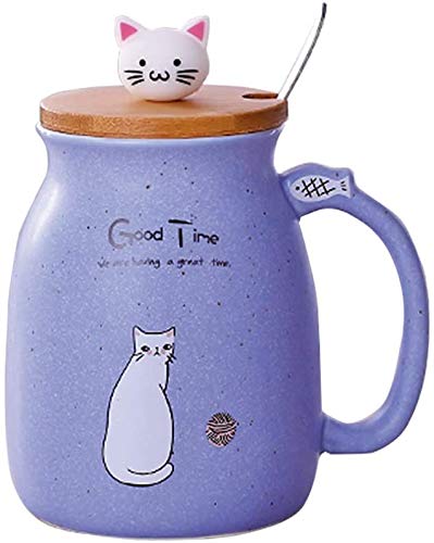 Sharemee - Cute Cat Ceramic Mug with Lovely Stainless Steel Spoon and Three-Dimensional Kitty Wood Lid Coffee Cup Kawaii Tea Cup 3D Animal Cat Mugs for Cat Lovers Purple 450ml/15oz