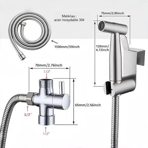 TEKXDD Kit Douchette WC, Douchette WC avec Tuyau 1,5 Mètre & Vanne 3 Voies (1/2"-3/8"), Salle de Bain, Hygiène Personnelle, Nettoyage des Couches, Facile à Installer, Argent