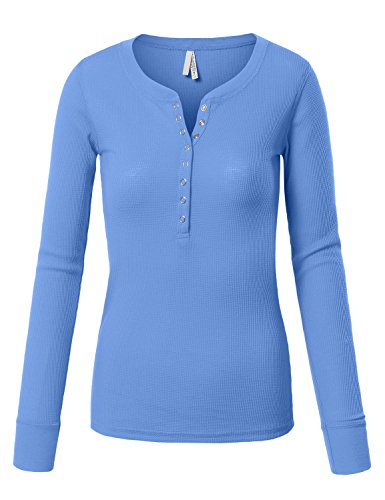 LE3NO Womens Fitted Round Neck Long Sleeve Henley Thermal Shirt