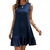 SOLY HUX Women's Ruffle Hem Sleeveless Tank Dress Round Neck Casual Jacquard Hem Smock Summer Mini Dresses