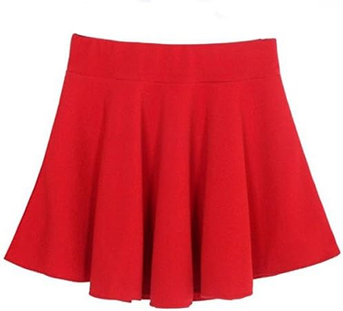 ImagineLife Women's Sex High Waist Pleated Flared Plain Skater Mini Skirt (Red)