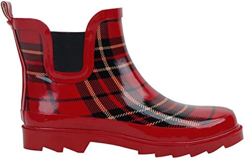 red plaid rain boots