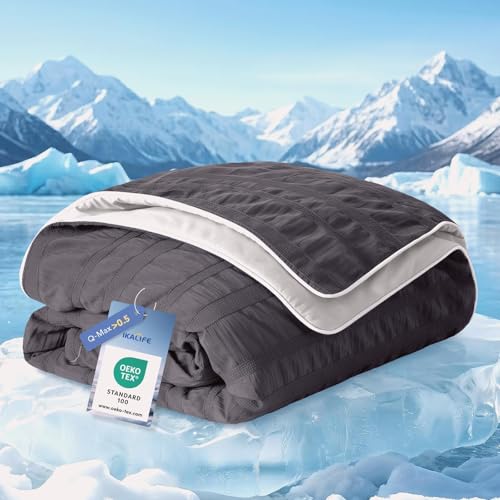 IKALIFE Cooling Blanket Bed for People - Q-Max > 0.5 Cooling Blanket Lightweight Summer Blanket Cooling Blanket Ice Blanket for Sleeping Cold Blanket for Summer Sleeping 150 x 200 cm Grey