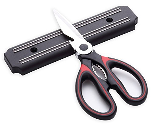 Heavy Duty Red Kitchen Shears - Multi Purpose Scissors Best for: Poultry, Fish, Seafood, Herbs, Vegetables, Meat and BBQ - Magnetic Bar included.