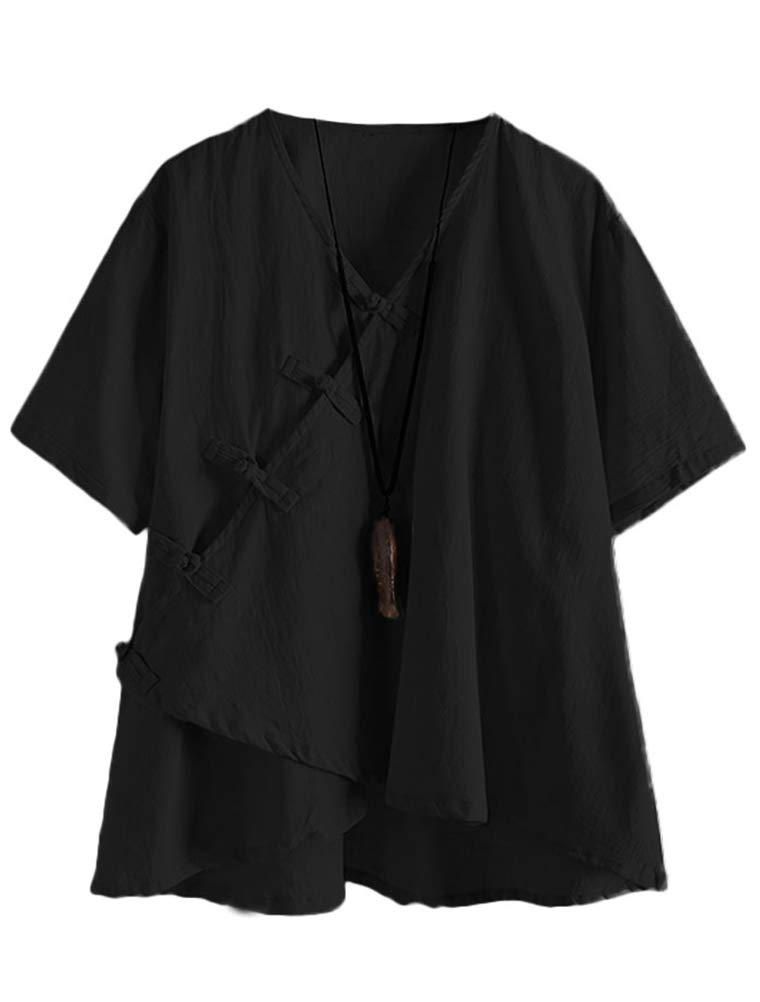 Photo 1 of ** VERY USED **LaovanIn Women's Linen Blouse Tops V Neck Short Sleeve Vintage Tunic Casual Shirts Black XX-Large