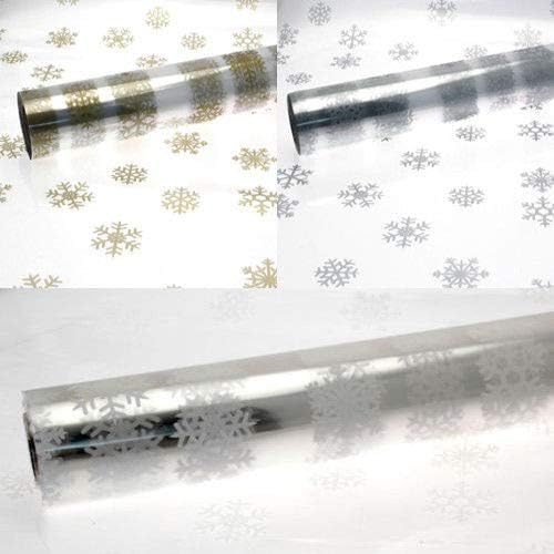 Silver Gold White Snowflake Cellophane Christmas Hamper Gift Wrap Presents (Silver Snowflake Silver Ribbon 3 Metres)