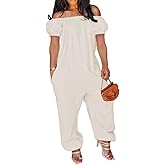 MESLIMA Women's Loose Fit Elastic Off Shoulder Beam Foot Long Sleeve Jumpsuit Rompers with Pockets Plus Size