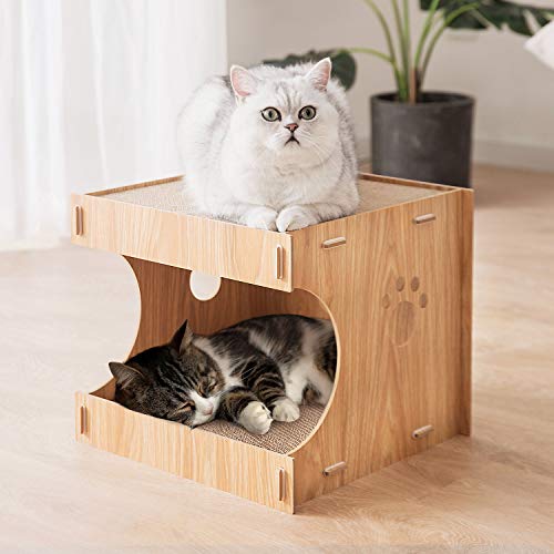 HIPIPET Cat Cardboard Scratcher House Hideaway Beds Box with 4