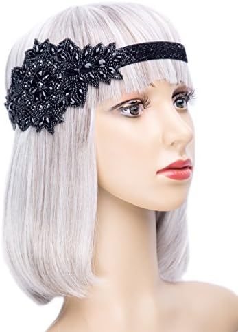 Roaring 20s Vintage Headpiece Black Silver Art Deco 1920s Flapper Headband Headpiece (Black)