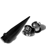 (9mm Taper & Plugs) Black Acrylic Taper & 1 Pair Of Stainless Steel Tunnels