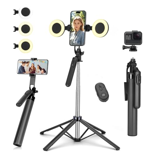 Selfie Stick Tripod with 2 Fill Lights, Metal with Removable Remote Control, 180cm Smartphone Tripod Compatible with iPhone & Android Smartphone