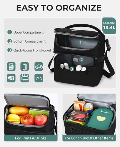 VASCHY Lunch Bag, Insulated Lunch Box Leak-proof Cooler Bag in Dual Compartment Lunch Tote for Men, Women, 14 Cans (Black)