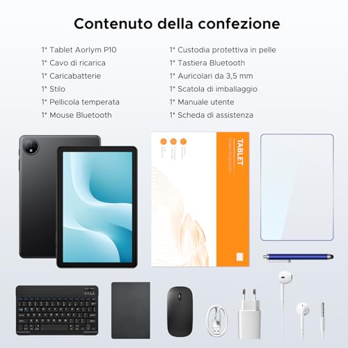Luzglo P10 Android 16 Tablet 10 Pollici, 48GB RAM+128GB ROM/2TB TF, Gemini AI, 90Hz, 7000mAh, WiFi 5, Face ID, OTG, Jack 3,5 mm, Widevine L1, Tablet con Tastiera e Penna, Nero