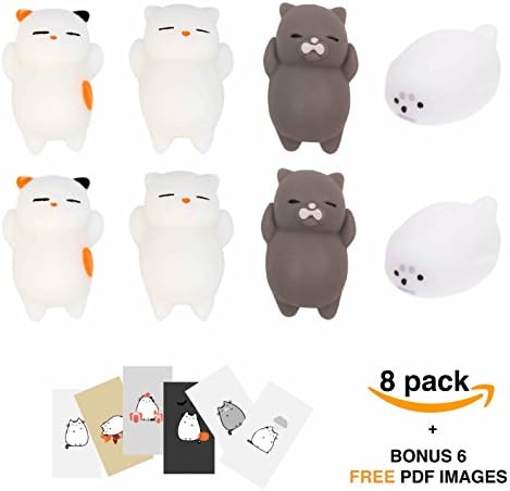 Squishy Cat 8 Pack Bundle - Slow Rising Stress Relief Toy - Mini Squeezen Kitty- Squeeze Fidget Gift + Soft Kawaii Mochi Seal