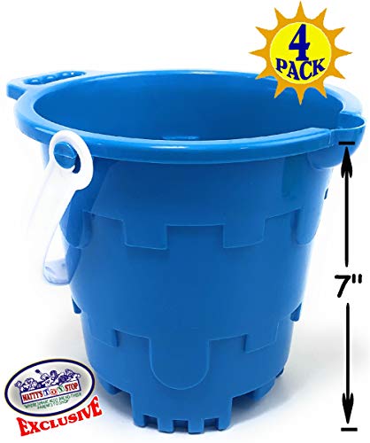 Matty's Toy Stop Beach Gear 7" Plastic Castle Mold Sand Buckets (Pails) with Easy Pour Spout and Handle Blue, Pink, Green & Yellow Party Set Bundle - 4 Pack - Thumbnail 2