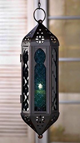 Blue Panel Glass Chain Hanging Candle Light Lantern Spiritual Bliss Glow Lamp