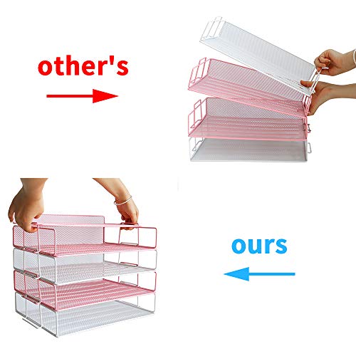 4 Tier Reinforce Stackable Paper Document Letter Tray Desk Organizer, New Design Metal Mesh File Holder Organizer for Home Office School, Folders Letters Paper Storage Pink (Color)