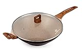 WaxonWare 12.5 Inch Non Stick Wok & Glass Lid Coated With Marbellous (A 100% PFOA & APEO Free German Non Stick Coating) - For Stir-Frying, Shallow Frying, Deep Frying & Braising