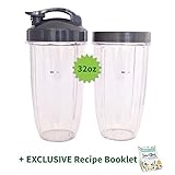 Cups for NUTRIBULLET 5 pc Set, 32 oz. Tall (2 Pack) with Flip Top To-Go Lid & Lip Ring + EXCLUSIVE Recipe Book - Best Quality NutriBullet Replacement Parts