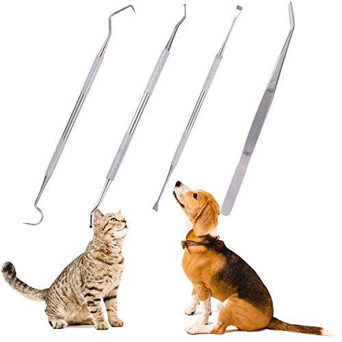 Xgood 4 Pieces Dog Tooth Scaler Tools Set Pet Dental Tooth Scaler and Scraper Stainless Double Headed Pet Teeth Cleaning Tools Tartar Remover Sets with Black Bags for Pet Dogs Cats (A)